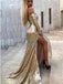 Mermaid Long Split Prom Dress Gold Sequined Evening Dress with Sleeves INP6