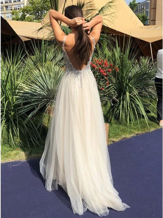 A-Line V-Neck Backless Floor-Length Ivory Tulle Prom Dress with Beading INN20