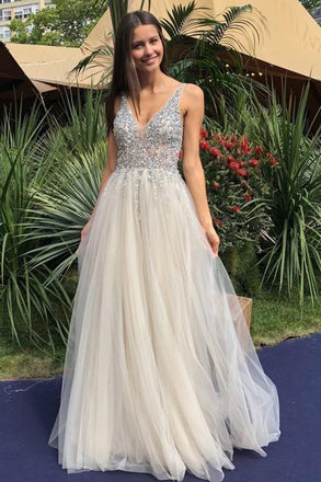 A-Line V-Neck Backless Floor-Length Ivory Tulle Prom Dress with Beading INN20