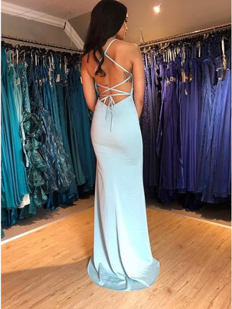 Mermaid Spaghetti Straps Sweep Train Light Blue Prom Dress with Split INN31