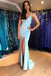 Mermaid Spaghetti Straps Sweep Train Light Blue Prom Dress with Split INN31