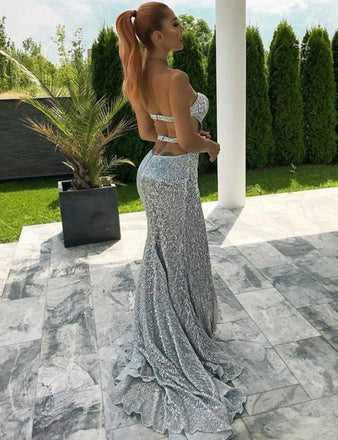 Sexy Mermaid Sweetheart Backless Silver Prom Dress with Split Beading INH35