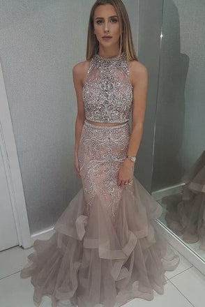 Stunning High Neck Blush Two Piece Prom Dress with Beading INH34