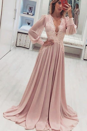 Fashion A-Line V-Neck Long Pink Prom Dress with Long Sleeves Appliques INH41