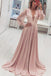 Fashion A-Line V-Neck Long Pink Prom Dress with Long Sleeves Appliques INH41