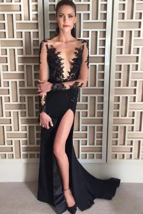 Deep V-Neck Long Sleeve Black Evening Dress,Beading Split Sexy Prom Dress INH27