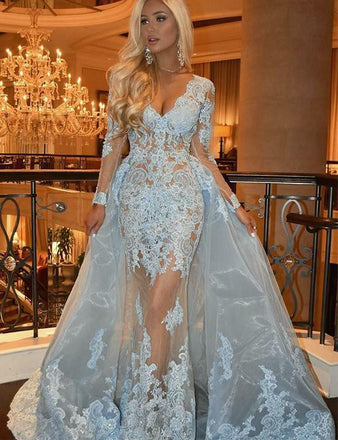 Detachable V-Neck Long Sleeve Prom Dress with Lace Appliques Light Blue Evening Gown INH28