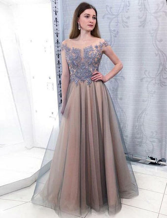 Cap Sleeves Bateau Long Tulle Beading Prom Dress with Appliques INH29