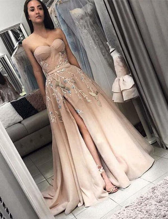 Elegant Sweetheart Long Split Prom Dress with Appliques A Line Evening Dress INH30
