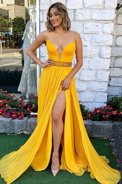 Strapless Long Yellow Prom Dress with Beading Split  Evening Gown INH32