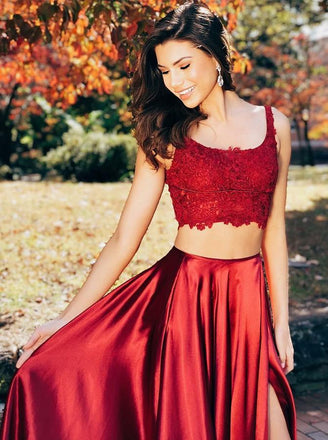 Two Pieces Scoop Sleeveless Burgundy Split Sexy Long Prom Dresses ING97