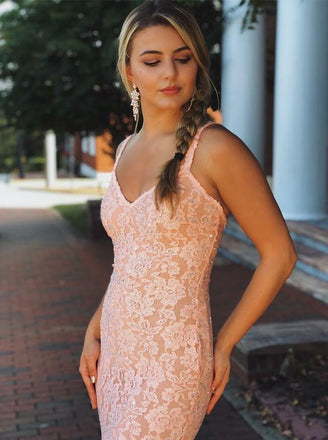 Mermaid V-neck Sleeveless Pink Lace Backless Prom Dresses With Straps ING96