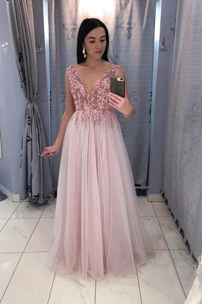 A-Line V-Neck Floor-Length Pink Prom Party Dress with Sequins INL69