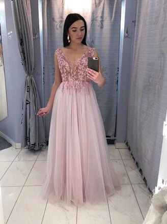 A-Line V-Neck Floor-Length Pink Prom Party Dress with Sequins INL69