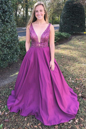 A-Line V-Neck Sweep Train Fuchsia Prom Dress with Beading Pockets INL87