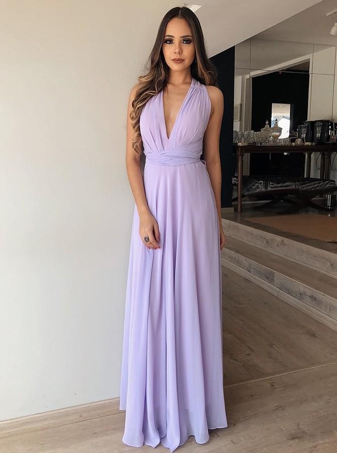 A-Line V-Neck Floor-Length Lilac Chiffon Prom Bridesmaid Dress INL74