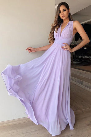 A-Line V-Neck Floor-Length Lilac Chiffon Prom Bridesmaid Dress INL74