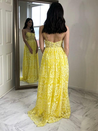 Charming A-Line Spaghetti Straps Floor-Length Yellow Lace Prom Dress INL73