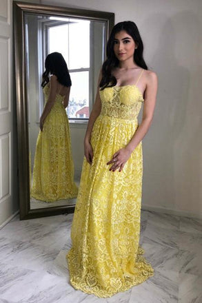 Charming A-Line Spaghetti Straps Floor-Length Yellow Lace Prom Dress INL73
