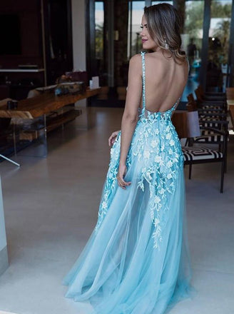 A-Line V-Neck Backless Light Blue Prom Dress with Appliques INL75