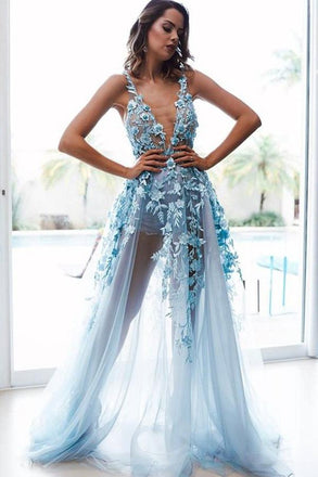 A-Line V-Neck Backless Light Blue Prom Dress with Appliques INL75