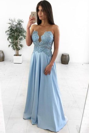 A-Line Illusion Round Neck Light Blue Satin Prom Dress with Appliques INL76