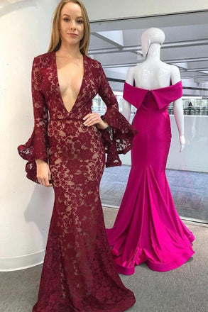 Burgundy Mermaid Deep V-Neck Long Sleeves Lace Prom Dress INL88