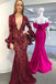 Burgundy Mermaid Deep V-Neck Long Sleeves Lace Prom Dress INL88