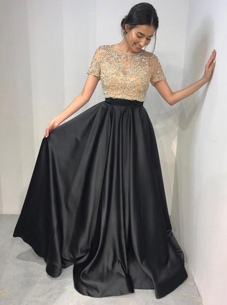 Two Piece Crew Short Sleeves Floor-Length Black Prom Dress with Beading INL89