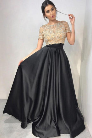 Two Piece Crew Short Sleeves Floor-Length Black Prom Dress with Beading INL89