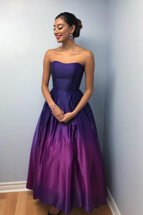 A-Line Sweetheart Ankle-Length Ombre Purple Satin Prom Dress with Pleats INL90