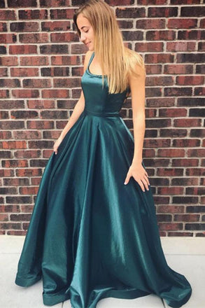 A-Line Scoop Backless Sweep Train Simple Prom Dress with Pockets INK64