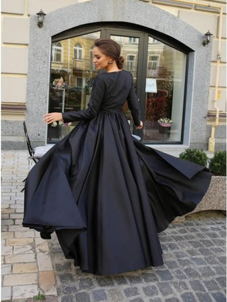 A-Line Round Neck Long Sleeves Black Long Prom Dress INK61