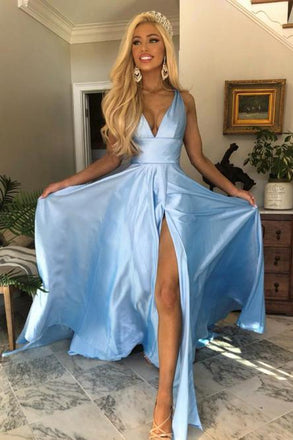 Charming A-Line V-Neck Open Back Light Blue Prom Dress with Split INN16