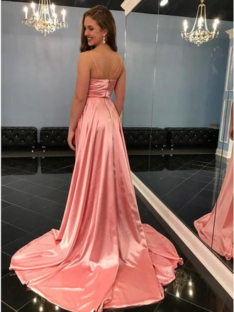 A-Line Spaghetti Straps Sweep Train Pink Prom Dress with Split INN18