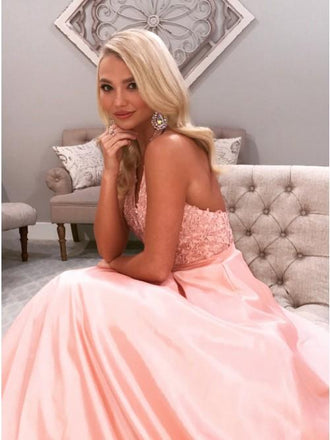 A-Line Halter Backless Sweep Train Pink Prom Dress with Appliques INN21