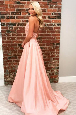 A-Line Halter Backless Sweep Train Pink Prom Dress with Appliques INN21