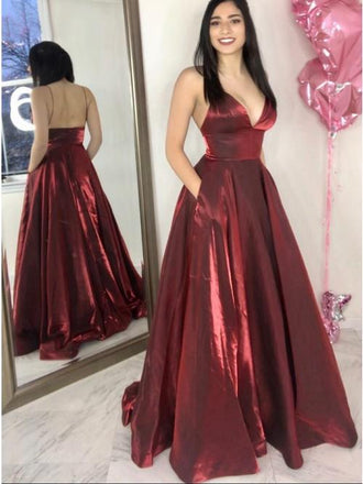 Simple A-Line Spaghetti Straps Floor-Length Burgundy Prom Dress with Pockets INN22