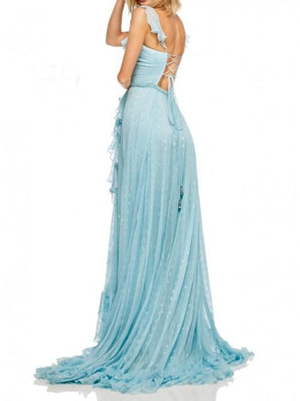 A-Line V-Neck Lace Up Light Blue Long Prom Dress with Beading Split INN24