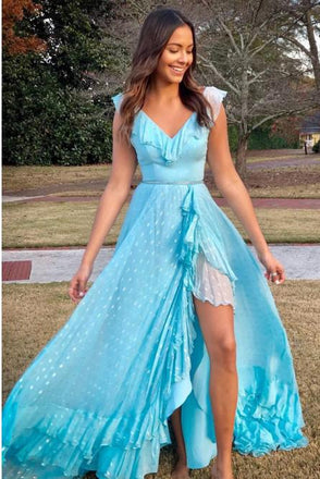 A-Line V-Neck Lace Up Light Blue Long Prom Dress with Beading Split INN24