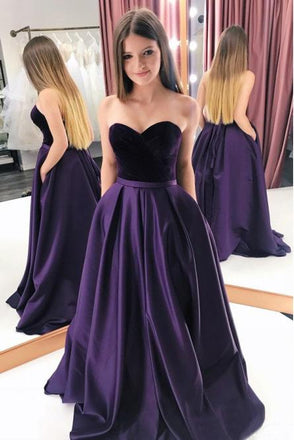 A-Line Sweetheart Sweep Train Purple Prom Dress with Pockets INN25