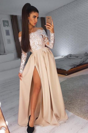 A-Line Off-the-Shoulder Long Sleeves Prom Dress with Lace Appliques Split INN26