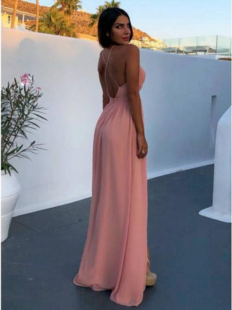 A-Line Deep V-Neck Floor-Length Pink Chiffon Prom Dress with Split INN27