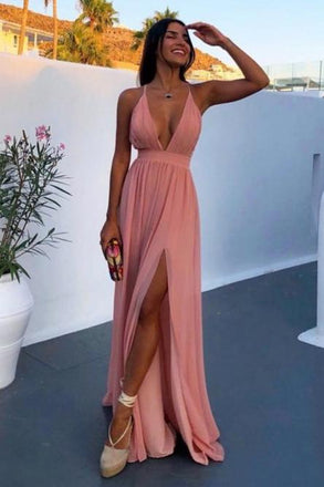 A-Line Deep V-Neck Floor-Length Pink Chiffon Prom Dress with Split INN27