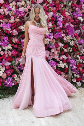 Mermaid Spaghetti Straps Floor-Length Pink Prom Dress with Split Ruched INN29