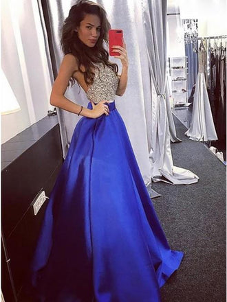 A-Line Halter Backless Sweep Train Royal Blue Prom Dress with Beading Pockets INN33