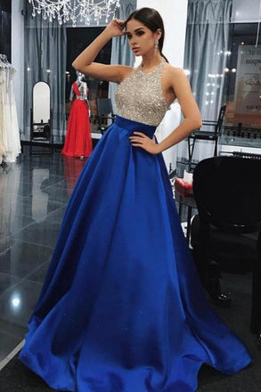 A-Line Halter Backless Sweep Train Royal Blue Prom Dress with Beading Pockets INN33