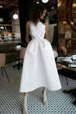 Spaghetti Straps White Prom Dress with Pockets Tea-Length Party Dress INL72