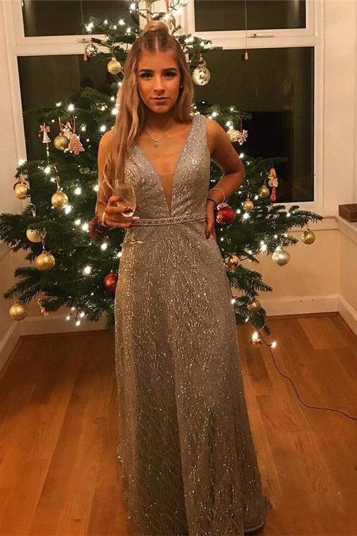 Popular V-Neck Long Silver Prom Dresses with Beading Sequin Evening Dress INS76
