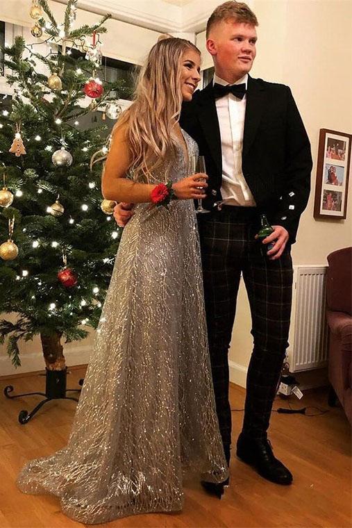 Popular V-Neck Long Silver Prom Dresses with Beading Sequin Evening Dress INS76